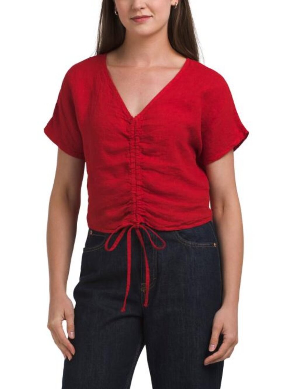BELLAMBRA Made In Italy Linen Cropped Short Sleeve Drawstring Shirt